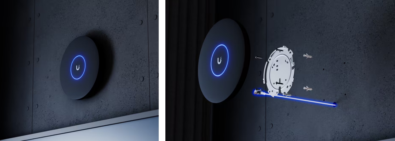 การติดตั้ง Ubiquiti UniFi U7 Pro XGS สีดำบนผนัง แสดงแผ่นยึดติดตั้งและสาย Ethernet