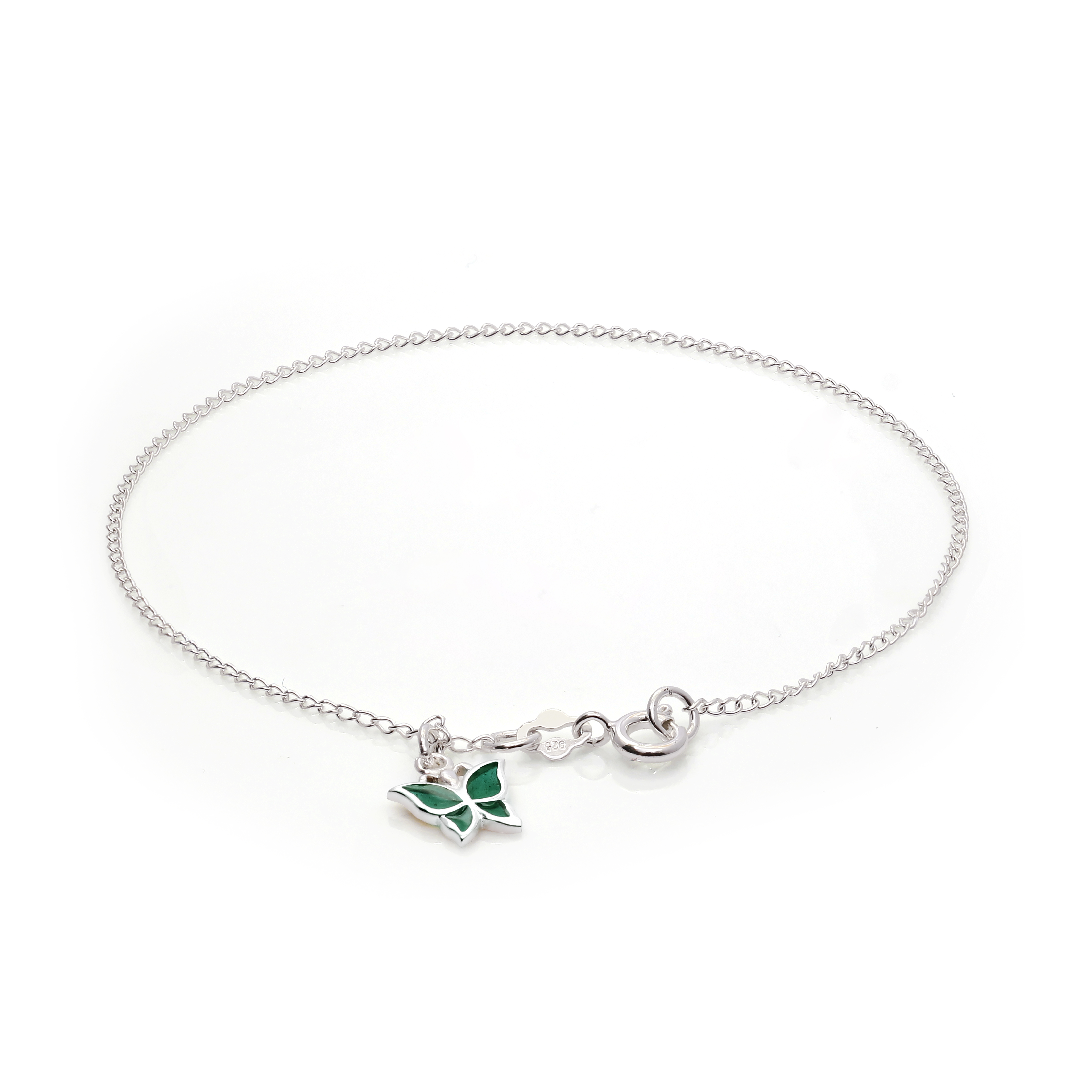 Sterling Silver Butterfly Charm Green Anklet
