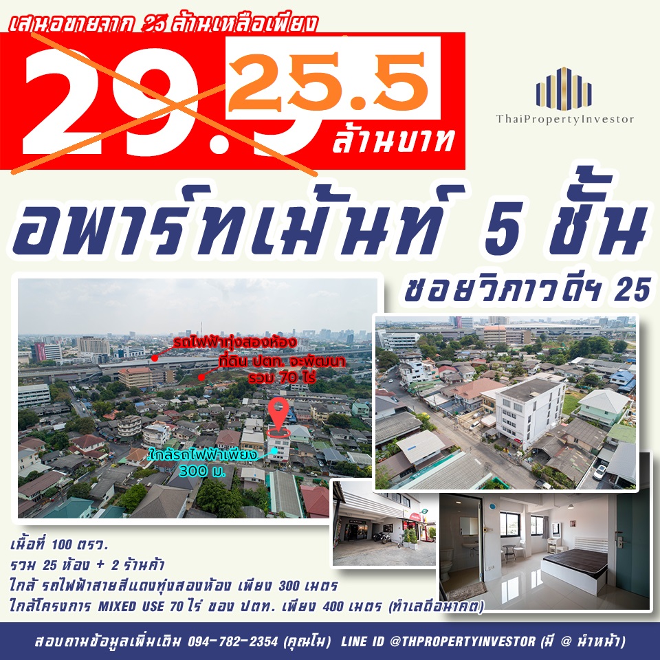 急售！公寓楼五层楼 100平方哇 离电车站红色线 Thung Song Hong 只需300米而已 实质好 特价！！