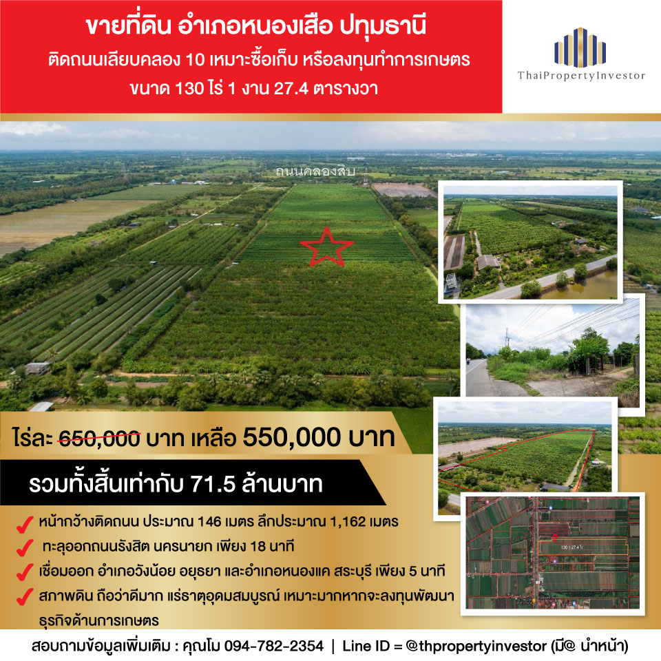 130 Rai Land for Sale at Amphoe Nong Sua, Pathum Thani, Next to Khlong 10. Suitable for Agriculture!!