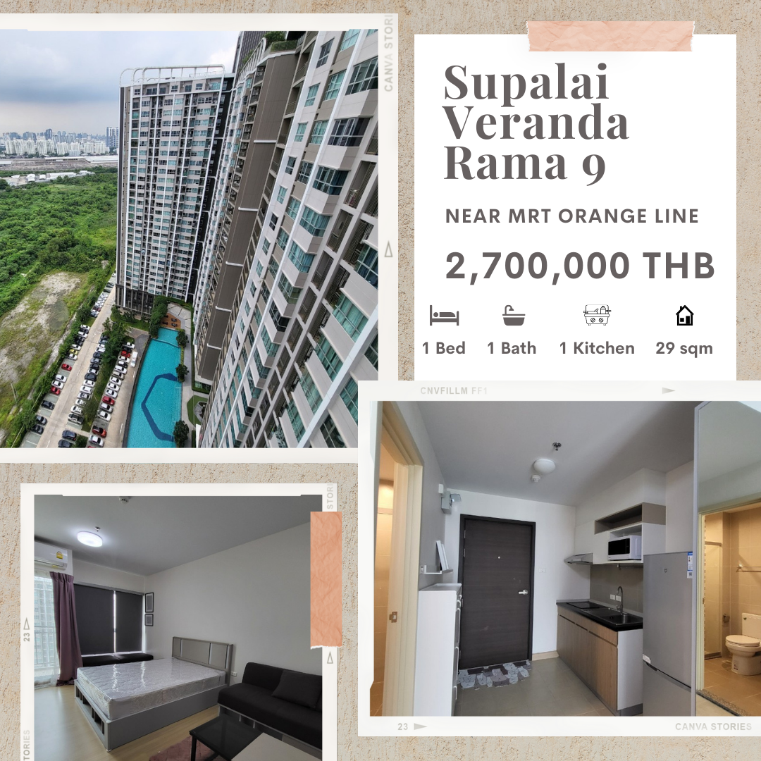 公寓出售Supalai Veranda Rama 9，29.99 平方米， MRT 500 M。火车园景房 ...