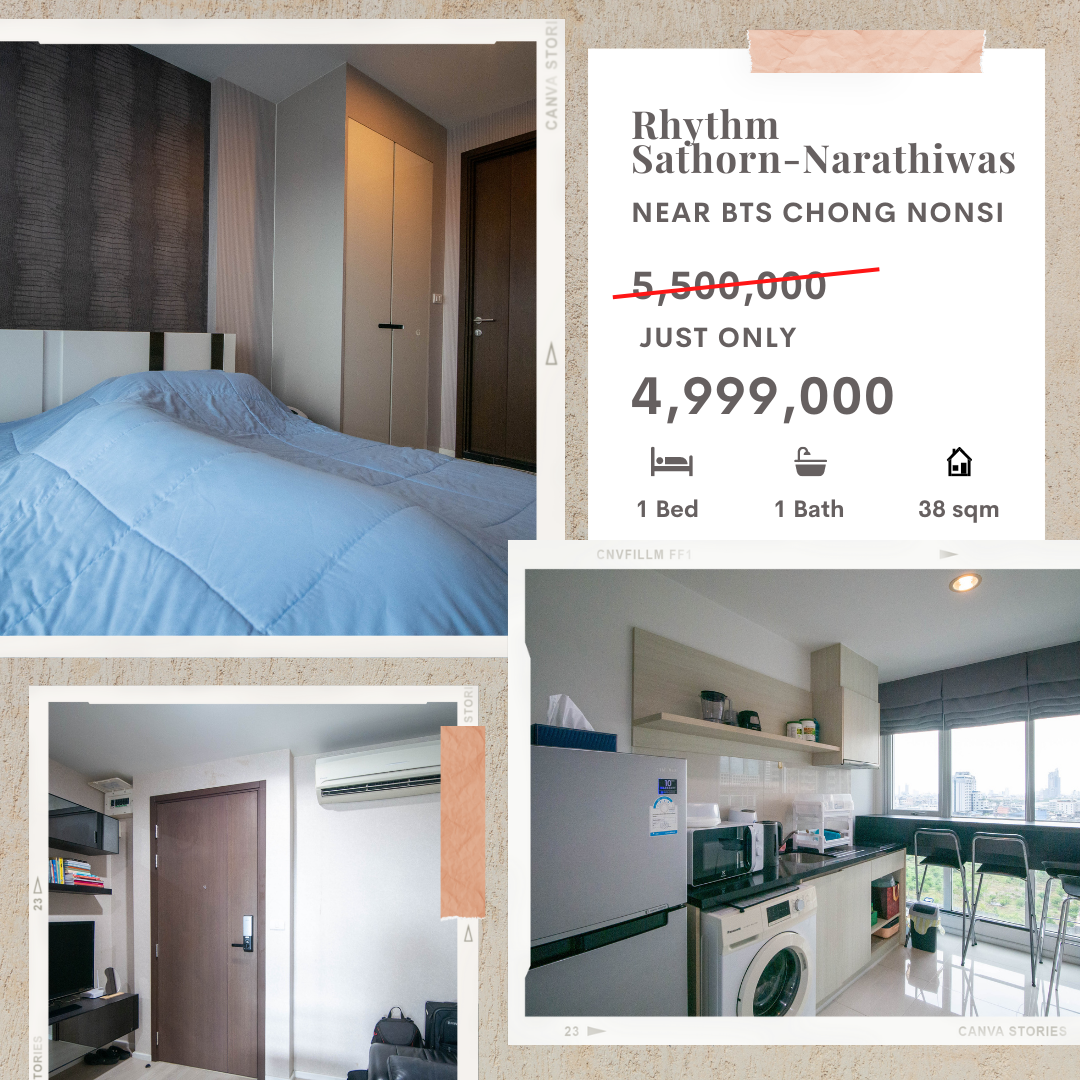 Selling at a Loss!! Best Price, fully furnished 38.44 Sq.m Condo for Sale at Rhythm Sathorn-Narathiwas Near BTS Chong Nonsi Near BRT Arkan Songkhro!!