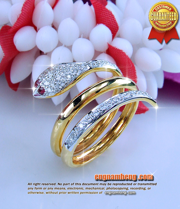 แหวนทองคำดีไซน์รูปงู ประดับทับทิมและเพชรแท้เบลเยี่ยมคัท น้ำ 99%