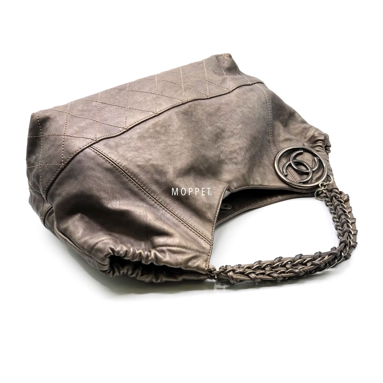 Used Chanel Shoulder Bag in Grey Metallic Calfskin RHW