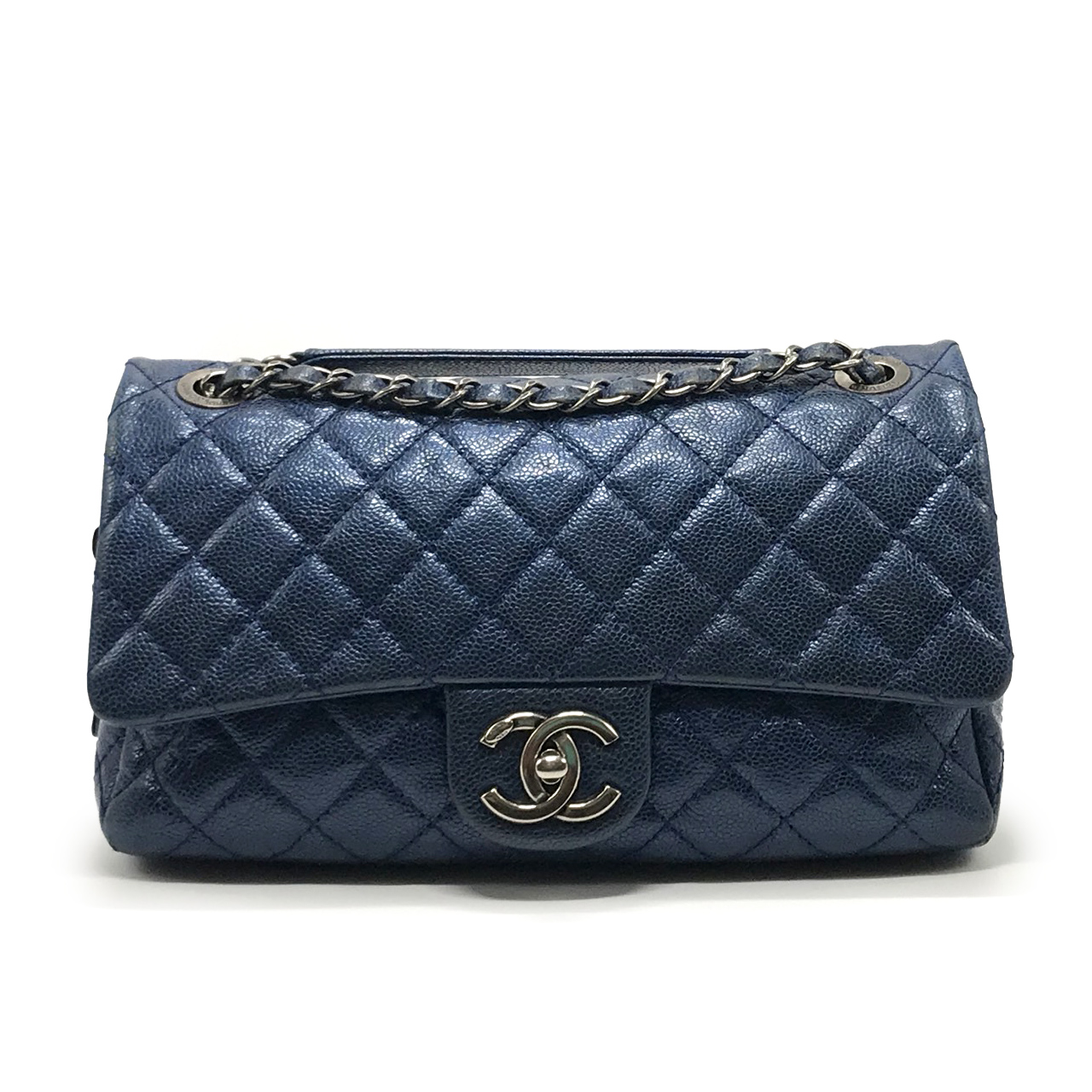 Used Chanel Easy Flap Bag 10 In Iridescent Blue Leather Rhw