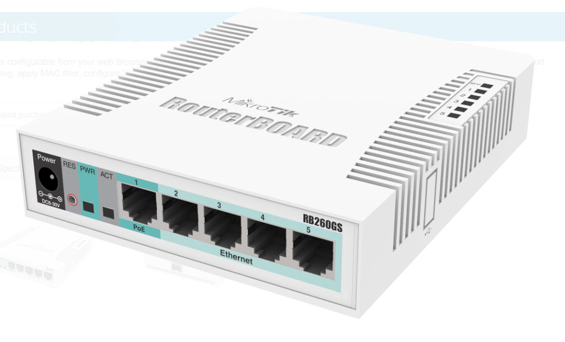 CSS106-5G-1S ,RB260GS Cloud Smart Switch ,5x Gigabit Ethernet Smart Switch, SFP cage, plastic case, SwOS