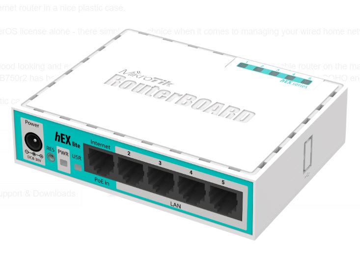 RB750r2 ,5x Ethernet, Small plastic case, 850MHz CPU, 64MB RAM, Most affordable MPLS router, RouterOS L4