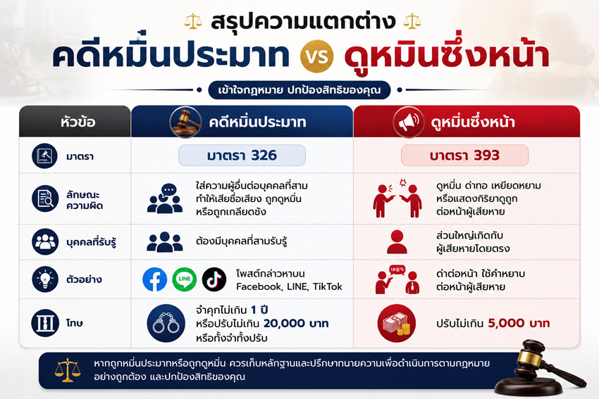 คดีหมิ่นประมาท กับ ดูหมิ่นซึ่งหน้า โทษและมาตราเหมือนกันไหม?