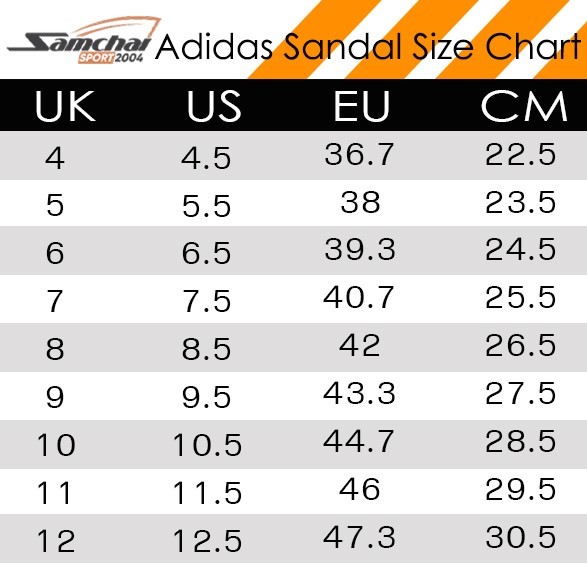 size chart adidas adilette