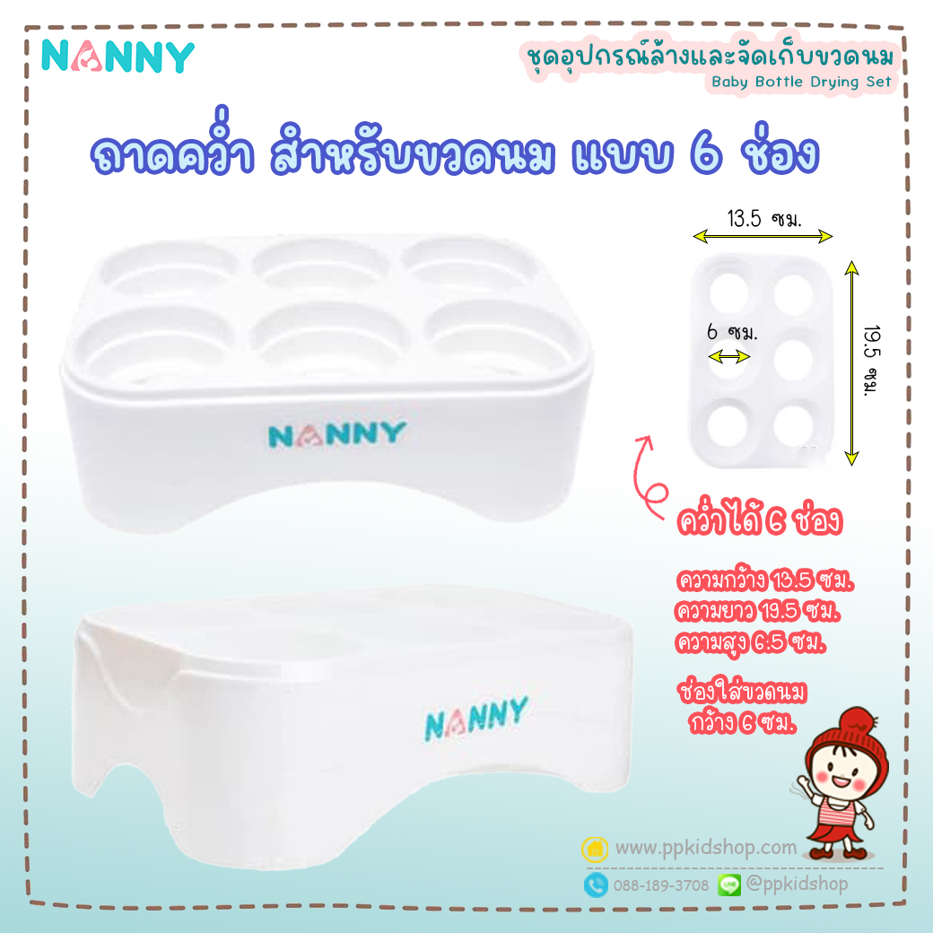 Nanny ชุดอปุกรณ์ล้างและจัดเก็บขวดนม 5 ชิ้น S5-N216  NANNY ยกชุด ที่คว่ำขวดนม ไซส์ L สำหรับ 16 ขวด + ตะกร้าคว่ำขวดนมพร้อมฝาปิด  ราคา 529 บาท  N215 ที่คว่ำขวดนมและอุปกรณ์ต่างๆ  - คว่ำขวดนมได้ 16 ขวด  - ใช้งานง่ายไม่ต้องประกอบชิ้นส่วน - พับเก็บได้ พกพาสะดวก  N216 กล่องเก็บขวดนมมีฝาปิด - มีฝาปิดป้องกันฝุ่นและแมลง ต่างๆ - มีตะแกรงอีชั้น สำหรับระบายน้ำ - ขนาดพอดี สำหรับเก็บขวดนม ภาชนะอาหาร หรือ อุปกรณ์ต่างๆ    N217 ถาดคว่ำขวดนม 6 ช่อง - ช่วยจัดระเบียบในกล่องเก็บขวดนม - วางขวดนมได้ทุกรุ่น คอมาตรฐาน และคอกว้าง ทุกขนาด  N230 แปรงล้างขวดนมฟองน้ำ - ฟองน้ำเกรดพรีเมี่ยม 2 ชั้น - ล้างสะอาดขวดไม่เป็นรอย - ด้ามแปรงหมุนได้ 360 องศา  N231 ที่คีบขวดนม - ใช้คีบขวดนมหรืออุปกรณ์ต่างๆหลังจากการนึ่งฆ่าเชื้อ - จับถนัดมือ ทนความร้อน 120 องศาเซลเซียส