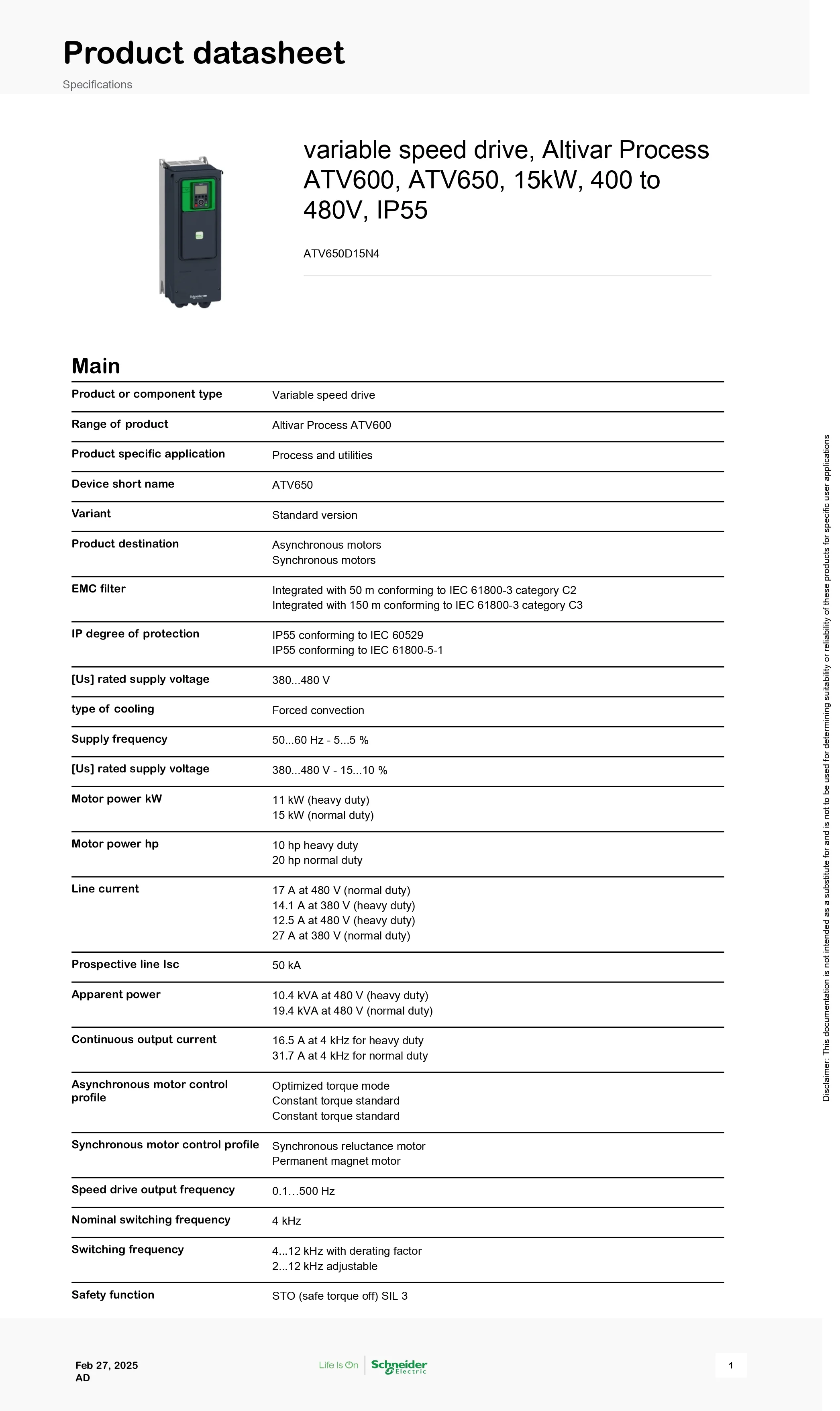 Variable speed drive, Altivar Process ATV600, ATV650, 15kW, 400 to 480V