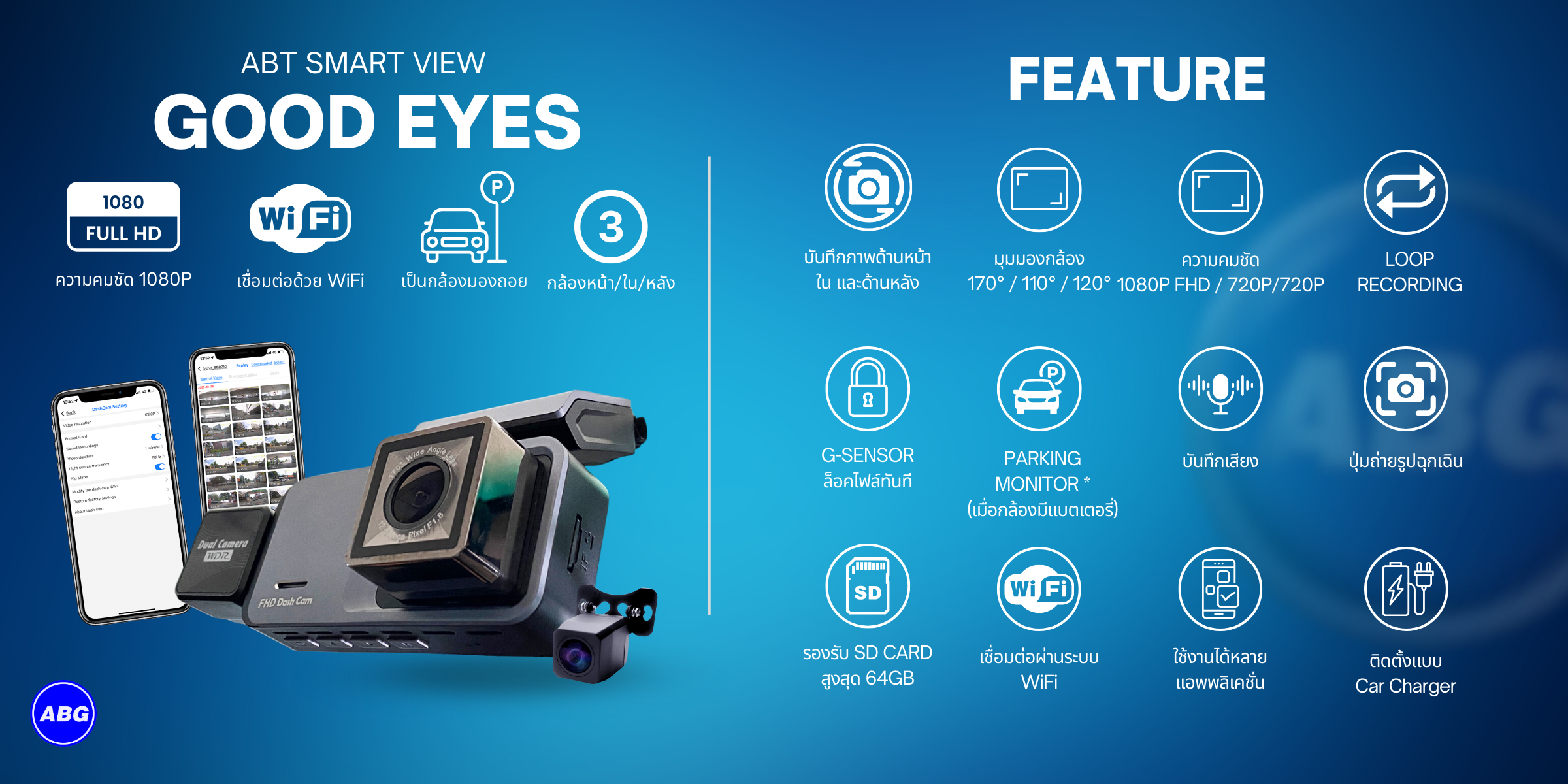 ฟีจเจอร์การใช้งานกล้อง G sensor บันทึกแบบล็อคไฟล์เมื่อเกิดการกระแทก Parking monitor เมื่ออุปกรณ์มีแบต สามารถกดถ่ายรูป บันทึกเสียงได้