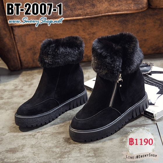 [พร้อมส่ง 36,37,38] [Boots] [BT-2007-1] รองเท้าบูทสั้นกำมะหยี่สีดำ ซับขนกันหนาวหนานุ่มด้านใน มีซิปรูดได้ ขอเฟอร์รอบข้อเท้าน่ารักมากๆ