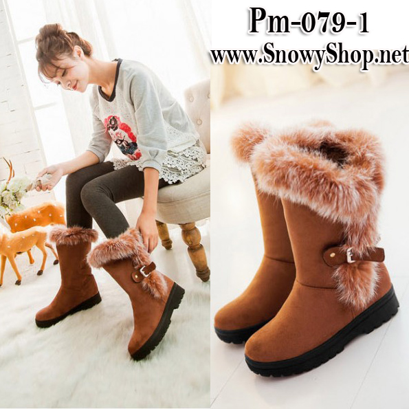  [[พร้อมส่ง 36,37]] [Boots] [Pm-079-1] Pangmama รองเท้าบู๊ทสีน้ำตาลกำมะหยี่ ซับขนสีครีมกันหนาวได้แต่งขนเฟอร์สวยมากๆค่ะ