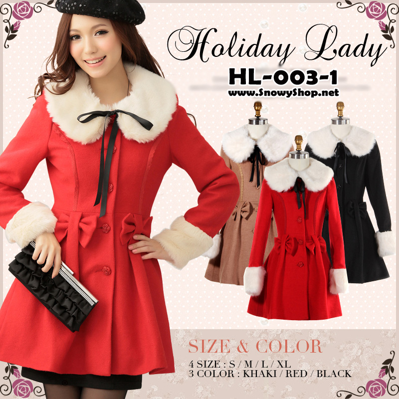  [[*พร้อมส่ง L,XL]] HL-003-1 Holiday lady เสื้อโค้ทกันหนาวสีแดงผ้าวูลหนา แต่งโบว์ ปกขนเฟอร์สีขาวสวย เฟอร์ถอดได้ด้วยค่ะ
