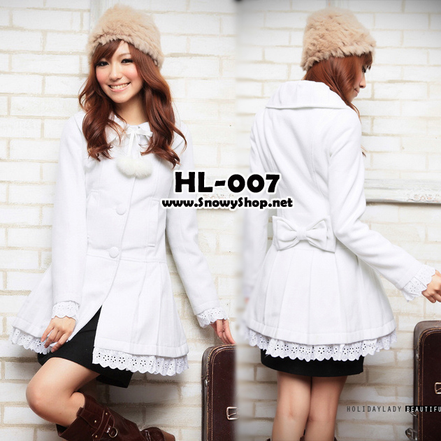 [[*พร้อมส่ง S,M]] [Coat] [HL-007] Holiday lady เสื้อโค้ทกันหนาวสีขาวผ้าวูลมีซับด้านใน แต่งระบายผ้าลูกไม้สวย มีผูกคอปอมๆน่ารัก