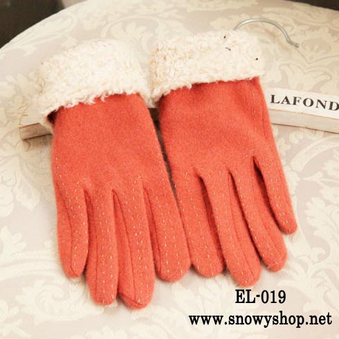  [*พร้อมส่ง] [EL-019] EL++ถุงมือ++ถุงมือกันหนาวสีส้มลายปัก บุนขนกันหนาวด้านในอุ่น 