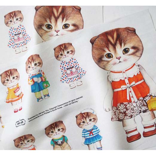 ผ้าฝ้ายผสมลินินเกาหลี น้องแมว Girl ขนาด 47 x 33 cm.