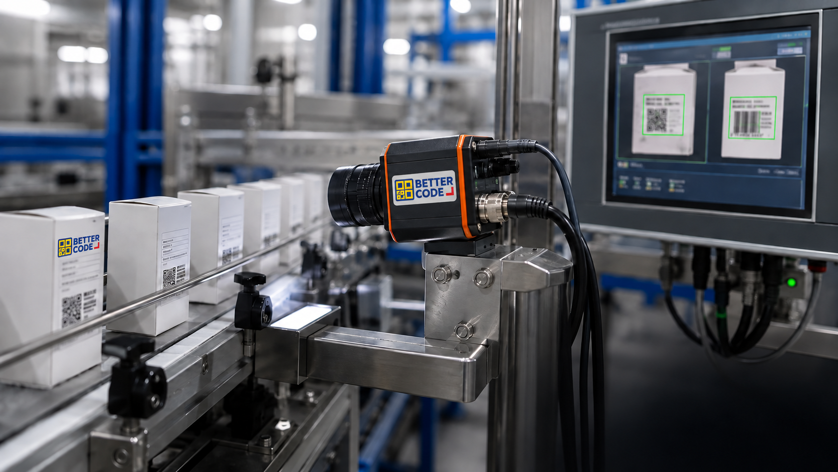 ภาพแนวคิดกล้อง Vision ตรวจฉลากบนกล่องในสายการผลิต พร้อมหน้าจอแสดงผลตรวจ