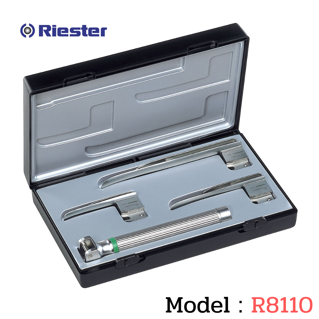 เครื่องมือส่องหลอดลม Laryngoscope รุ่น R8110 Miller (Fiber Optic) blade ตรง 0,1,2 XL 2.5V AA Handle (แบบไม่หุ้มท่อนำแสง) Riester , Germany