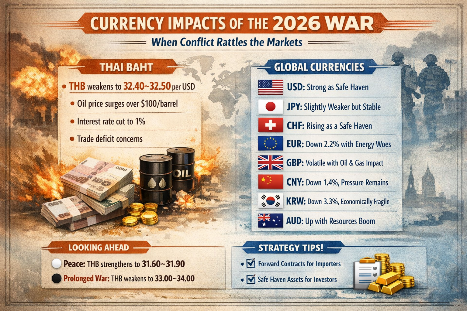 戦争が世界を揺るがし、通貨が震える：タイバーツ下落、ドル堅調