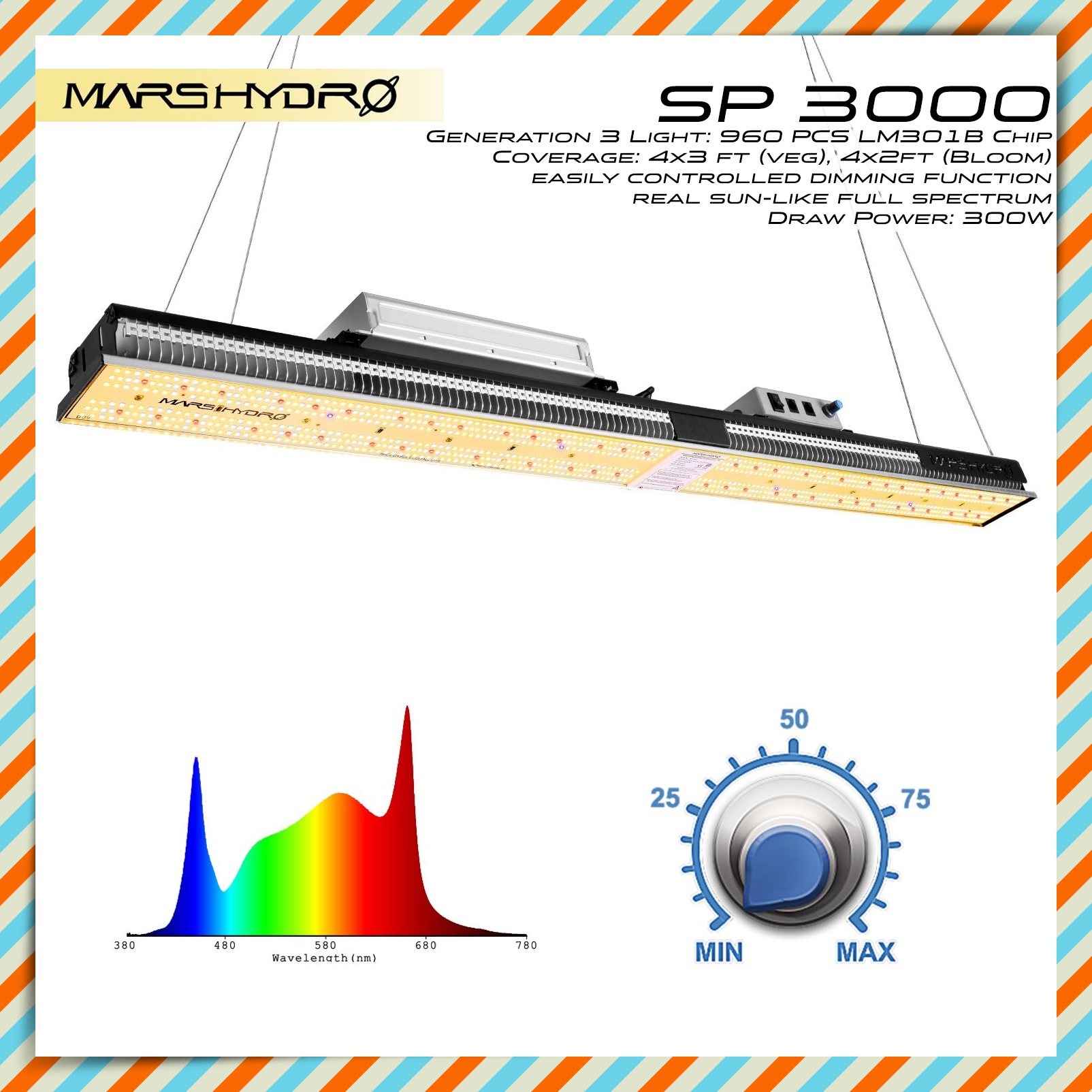 ไฟปลูกต้นไม้ Mars Hydro SP 3000 สำหรับเต้นท์ปลูก LED Full Spectrum Sun-like LED 300w Cover 2x5 (60x150cm) Samsung lm301b Osram full spectrum led plant grow light