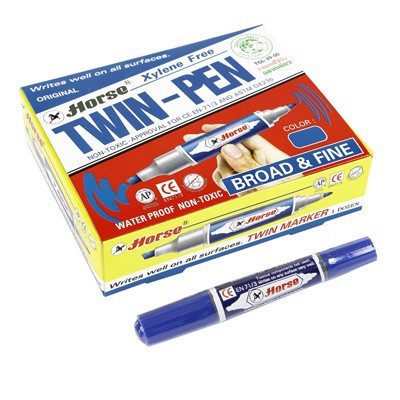 ปากกาเคมี 2 หัว ตราม้า สีน้ำเงิน (12 ด้าม)