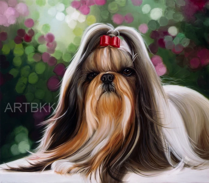 รับวาดภาพสัตว์เลี้ยงสีน้ำมัน รูปสุนัขชิสุเป็นของขวัญของตกแต่ง