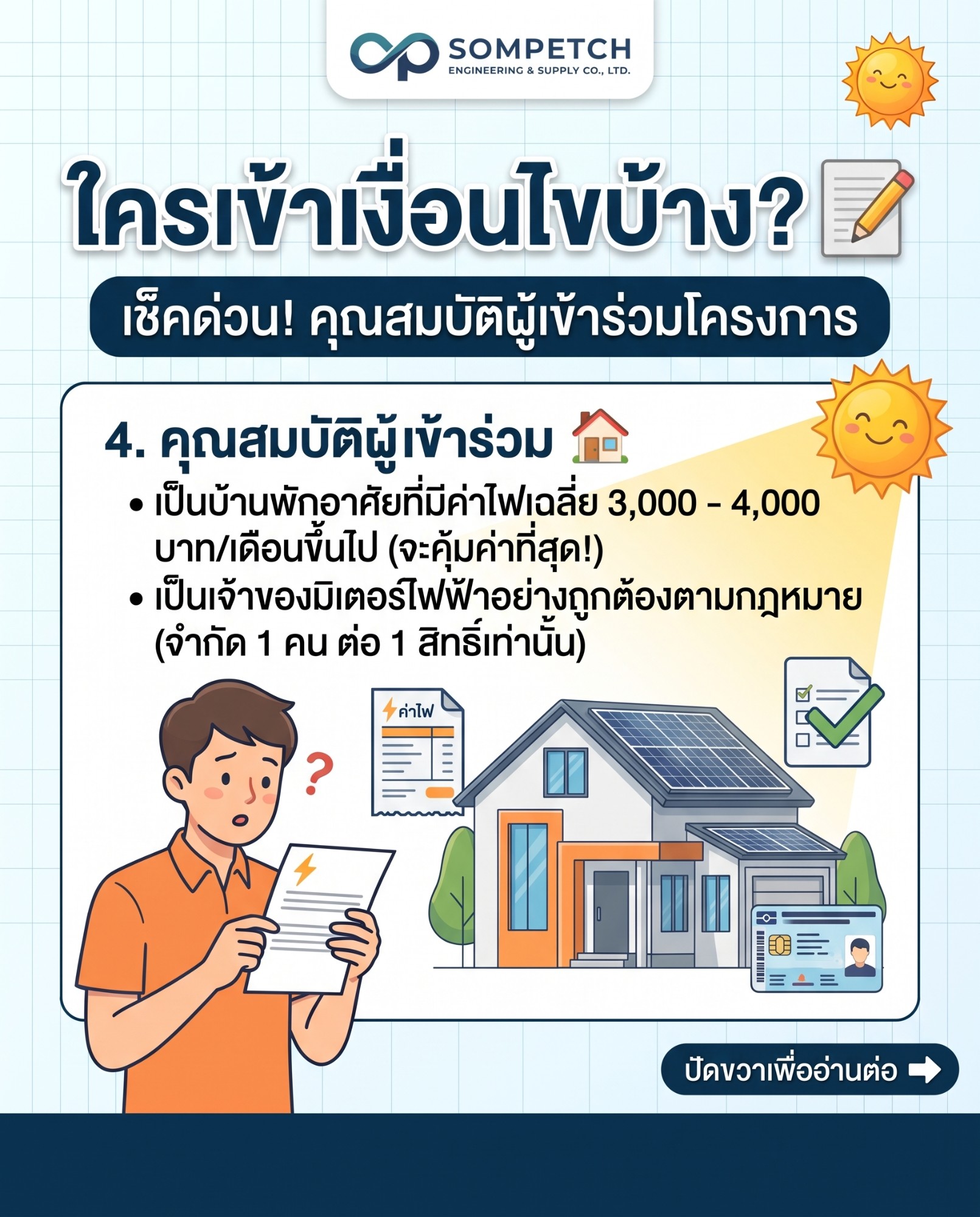 คุณสมบัติผู้เข้าร่วมโครงการโซลาร์รูฟท็อป ค่าไฟเฉลี่ย 3,000 ถึง 4,000 บาทต่อเดือนขึ้นไป และเป็นเจ้าของมิเตอร์ไฟฟ้า