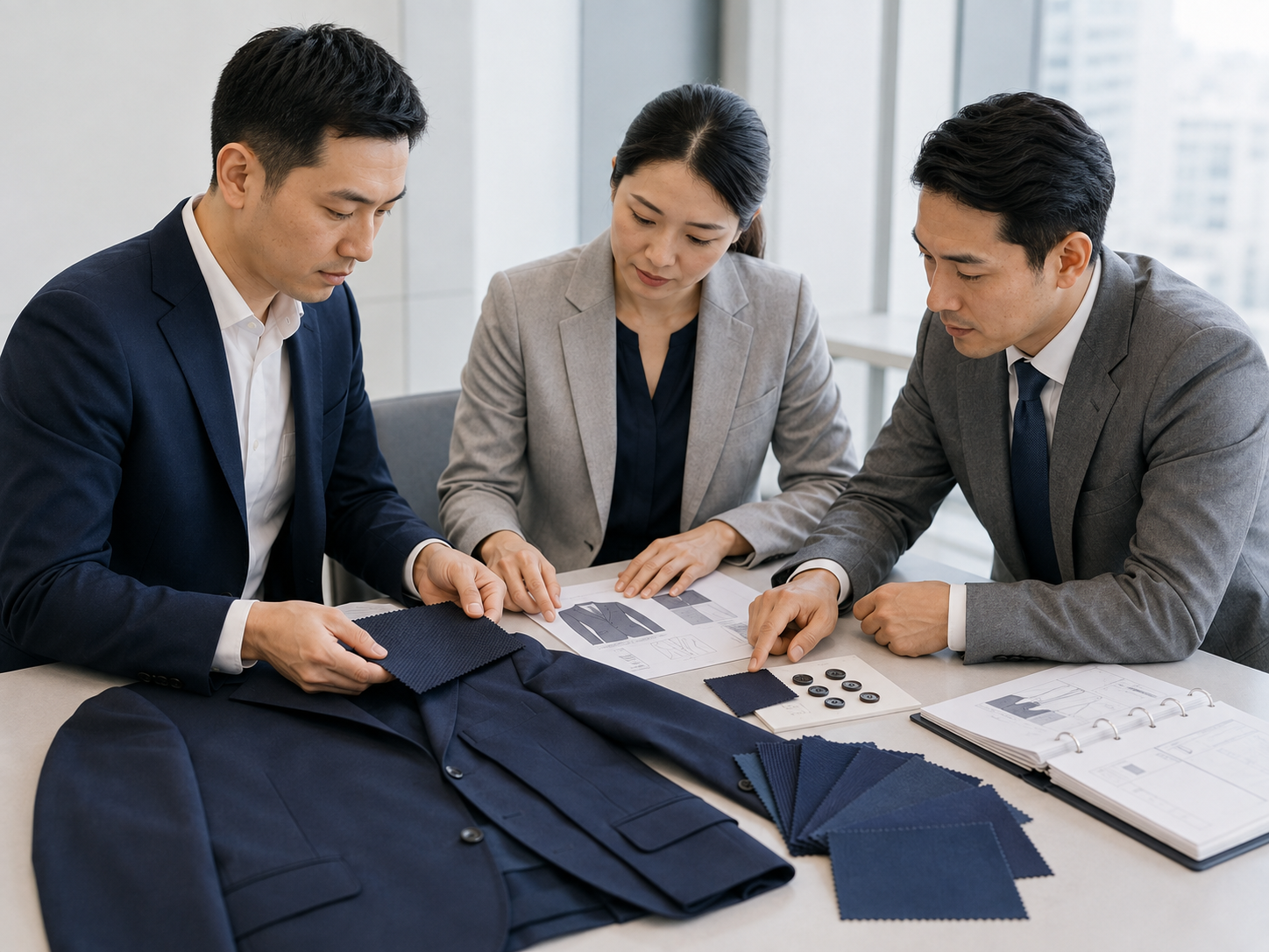 ฝ่าย HR และฝ่ายจัดซื้อตรวจสอบแบบและตัวอย่างผ้าสำหรับสูทองค์กร