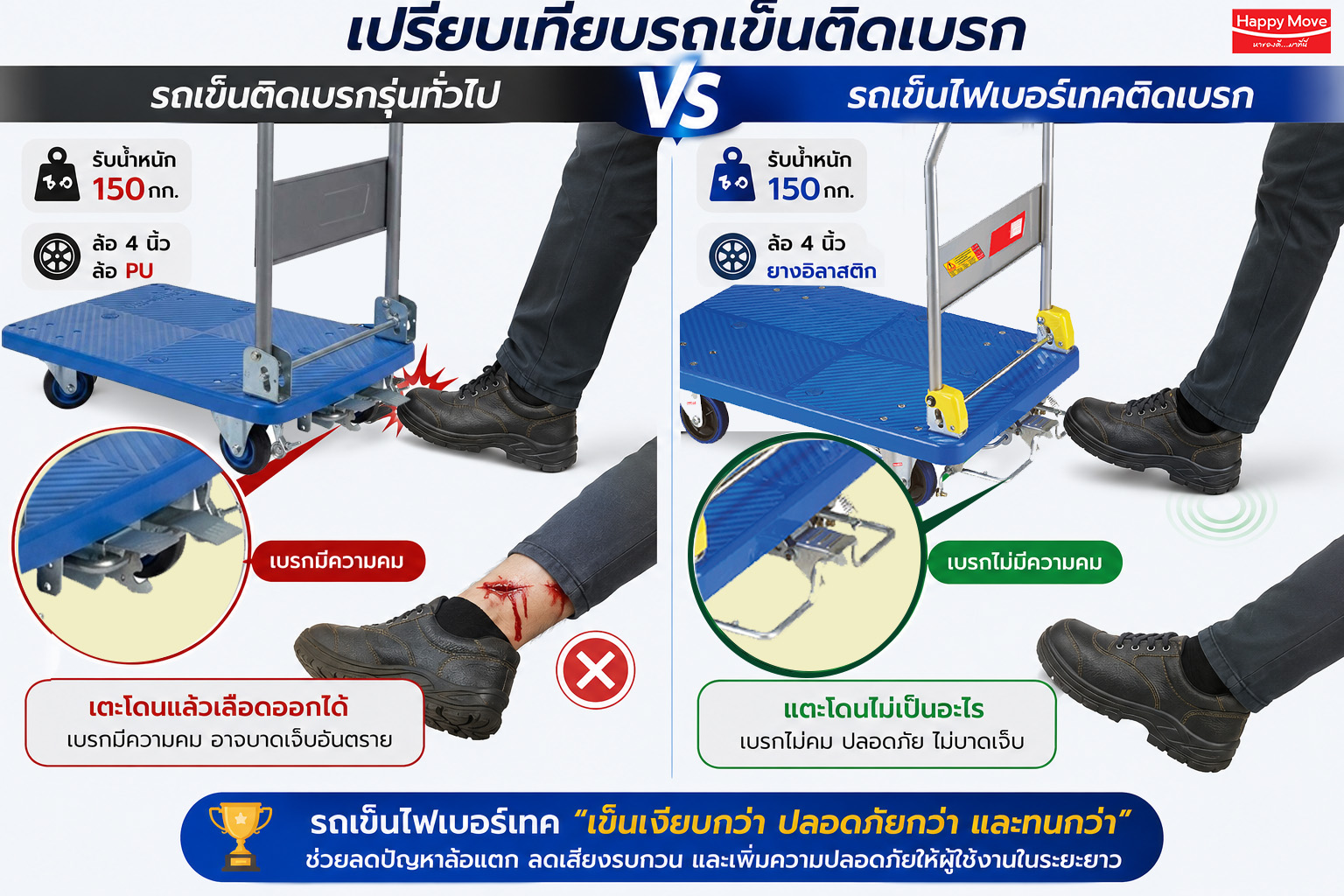 เปรียบเทียบรถเข็นติดเบรกทั่วไป กับรถเข็น Happy Move