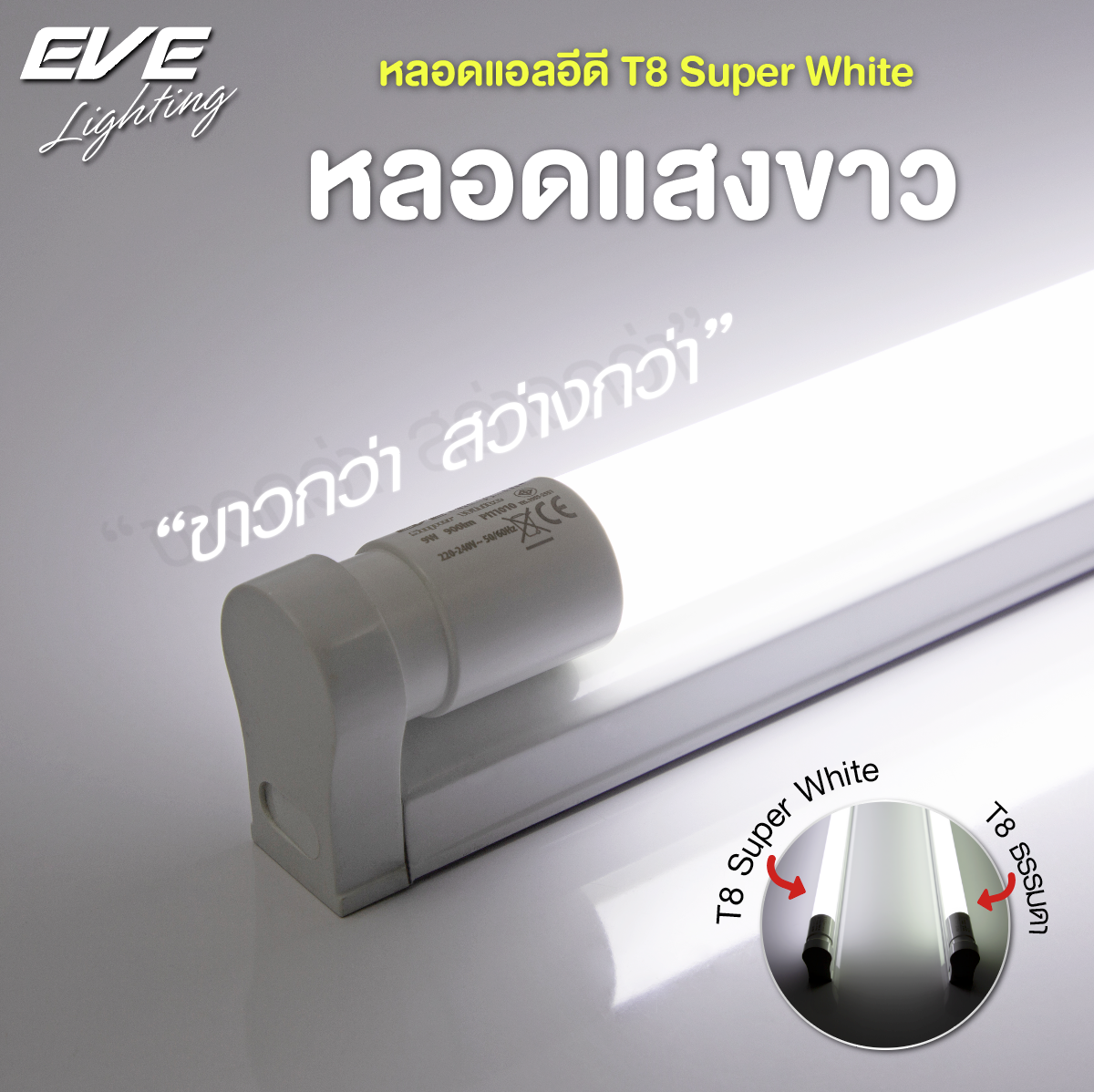 LED T8 Super White หลอดแอลอีดี T8 ซุปเปอร์ไวท์ แสงขาวกว่าหลอดทั่วไป ชนิดไฟเข้าสองทาง ขนาด 9 วัตต์ และ 18 วัตต์