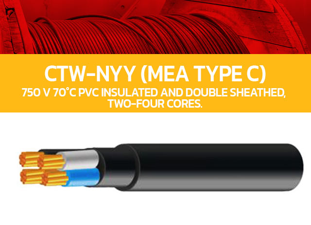 CTW-NYY (MEA Type C) 750 V 70°C PVC Insulated and double sheathed, two-four cores.