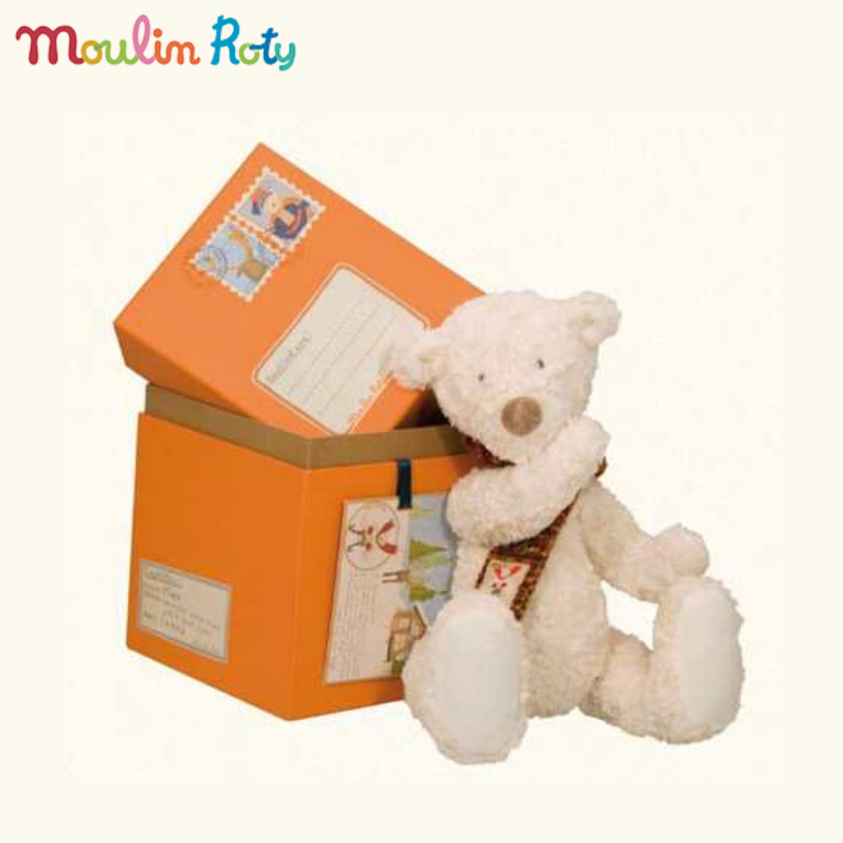 Moulin Roty ตุ๊กตาหมีขั้วโลก + ผ้าพันคอ พร้อมกล่องของขวัญ สไตล์วินเทจ MR-720028