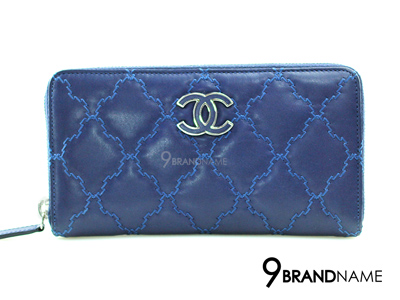 Chanel Wallet Zippy Blue Lampskin SHW - Used Authentic Bag กระเป๋าสตางค์ชาแนล ซิปรอบ สีน้ำเงินหลายตารางซิกเซ็กหนังแกะ ของแท้มือสองสภาพดีค่ะ