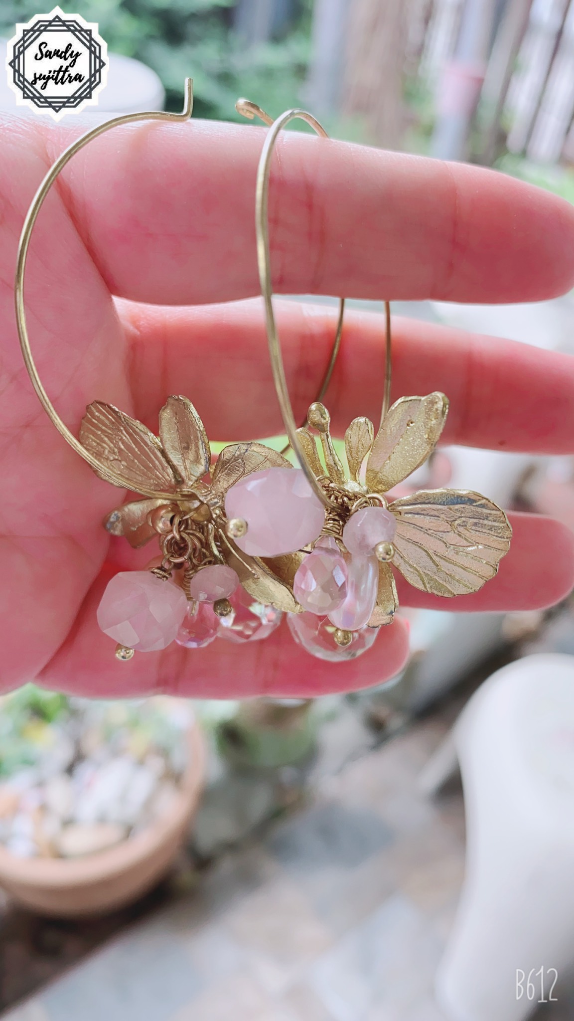 Lamoon#1 ต่างหูดอกไม้มุก หิน โรสควอตซ์   ( Pearl- Rose quartz )