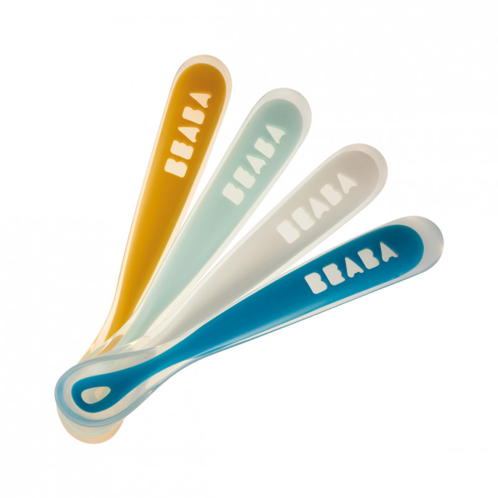 Set of 4 ergonomic 1st age silicone spoons RAINBOW (Yellow/Lagoon/White/Blue)