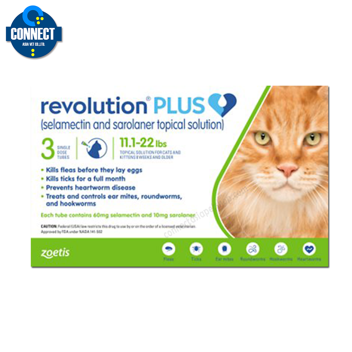 Revolutionpluscat เรฟโว ลูชั่น พลัส กำจัด เห็บ หมัด เหา แมว น้ำหนัก 5.0-10.0 กก.( 1 กล่อง มี 3 หลอด )