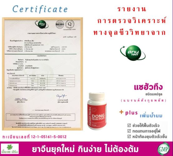Certificate ผลิตภัณฑ์ แซฮัวทึงชนิดแคปซูล แบรนด์ ตังกุยพลัส