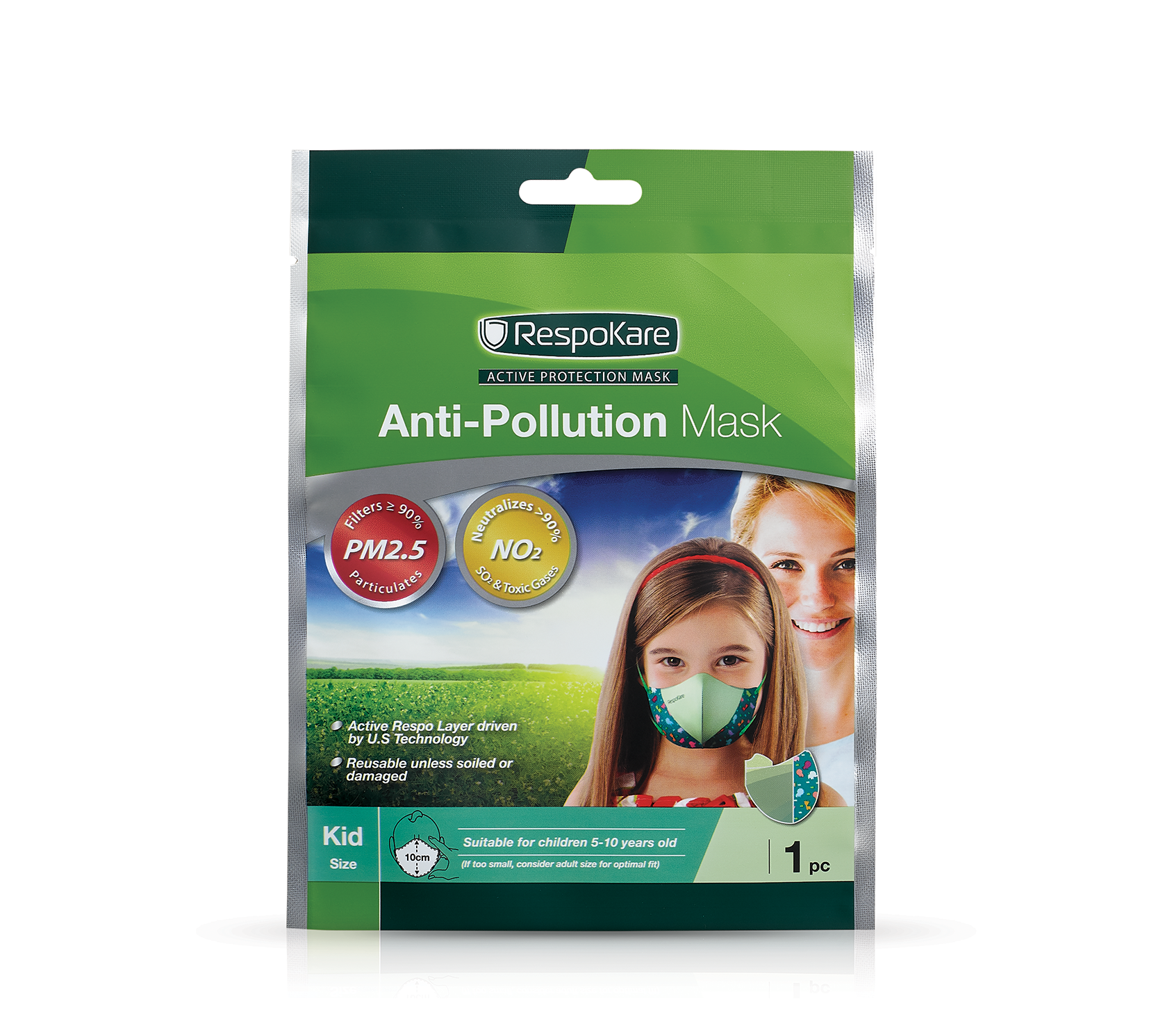 RespoKare หน้ากากป้องกันมลพิษและฝุ่นควัน สำหรับเด็ก สีเขียว จำนวน 1ชิ้น