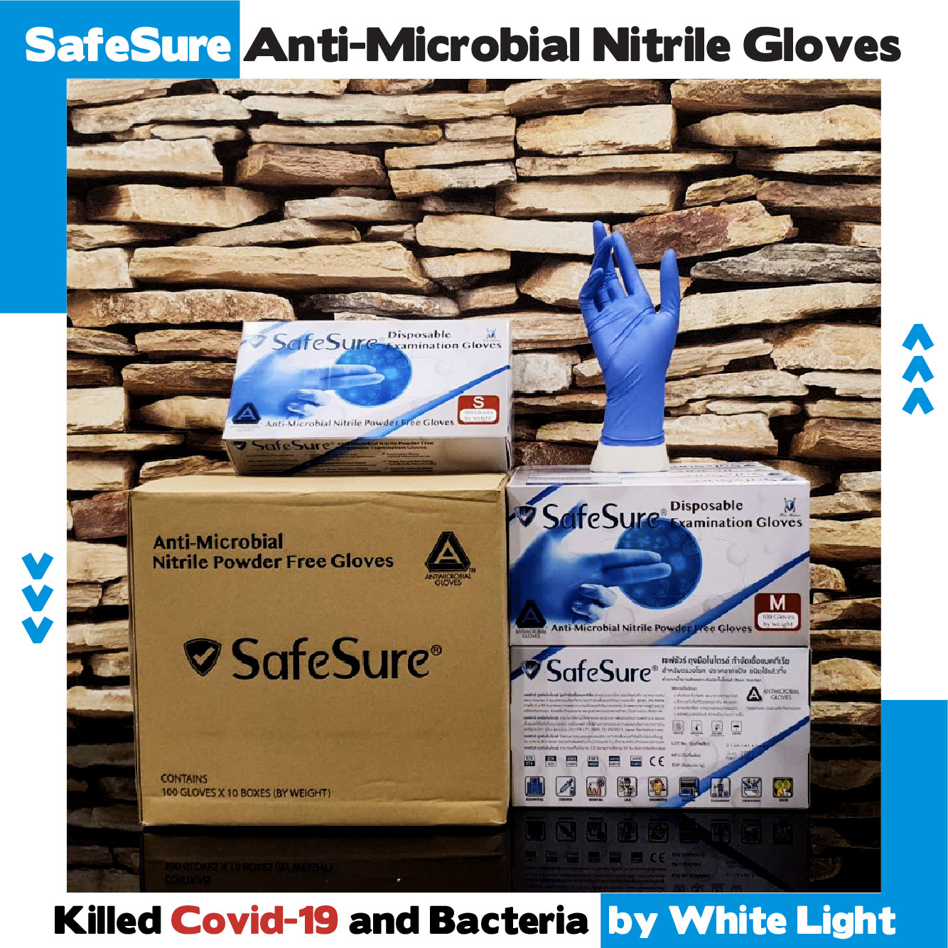 SafeSure Anti-Microbial Nitrile Disposable Powder Free Gloves 1 box