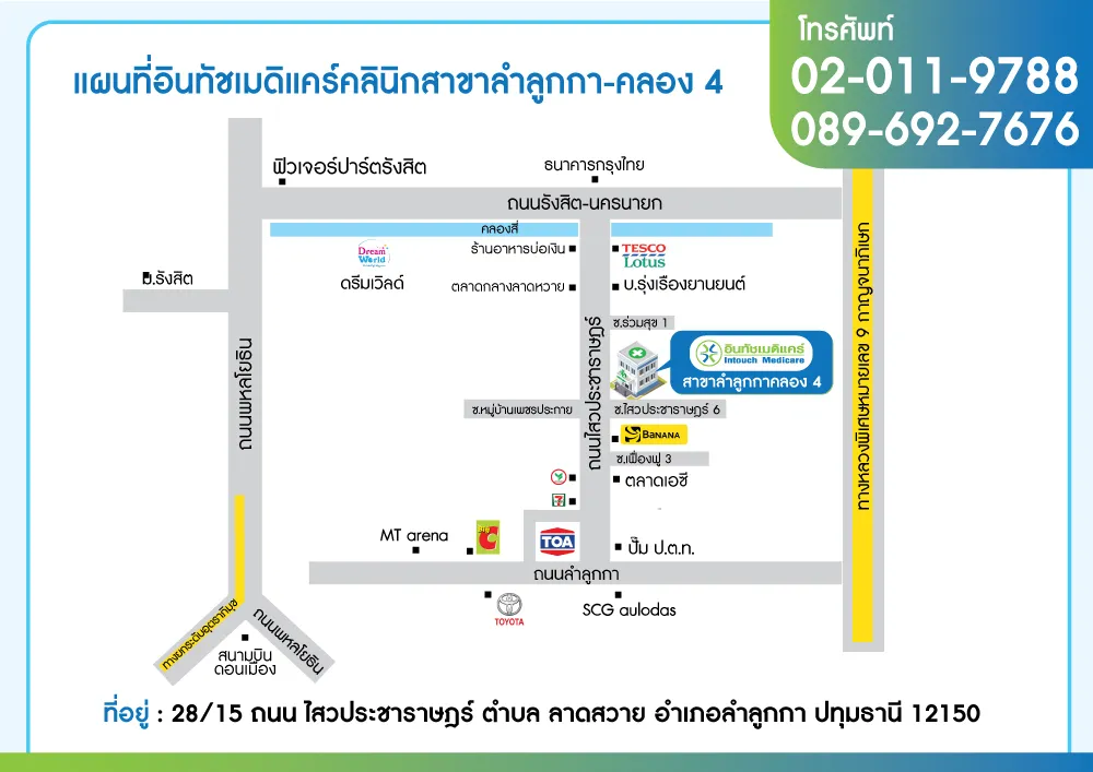 แผนที่อินทัชเมดิแคร์คลินิกเวชกรรม สาขาลำลูกกา-คลอง 4 แผนที่อินทัชเมดิแคร์คลินิกเวชกรรม สาขาลำลูกกา-คลอง 4