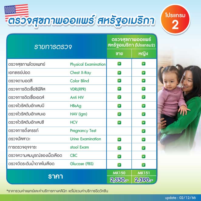 รายการตรวจและราคา ตรวจสุขภาพออแพร์ au pair สหรัฐอเมริกา โปรแกรม 2
