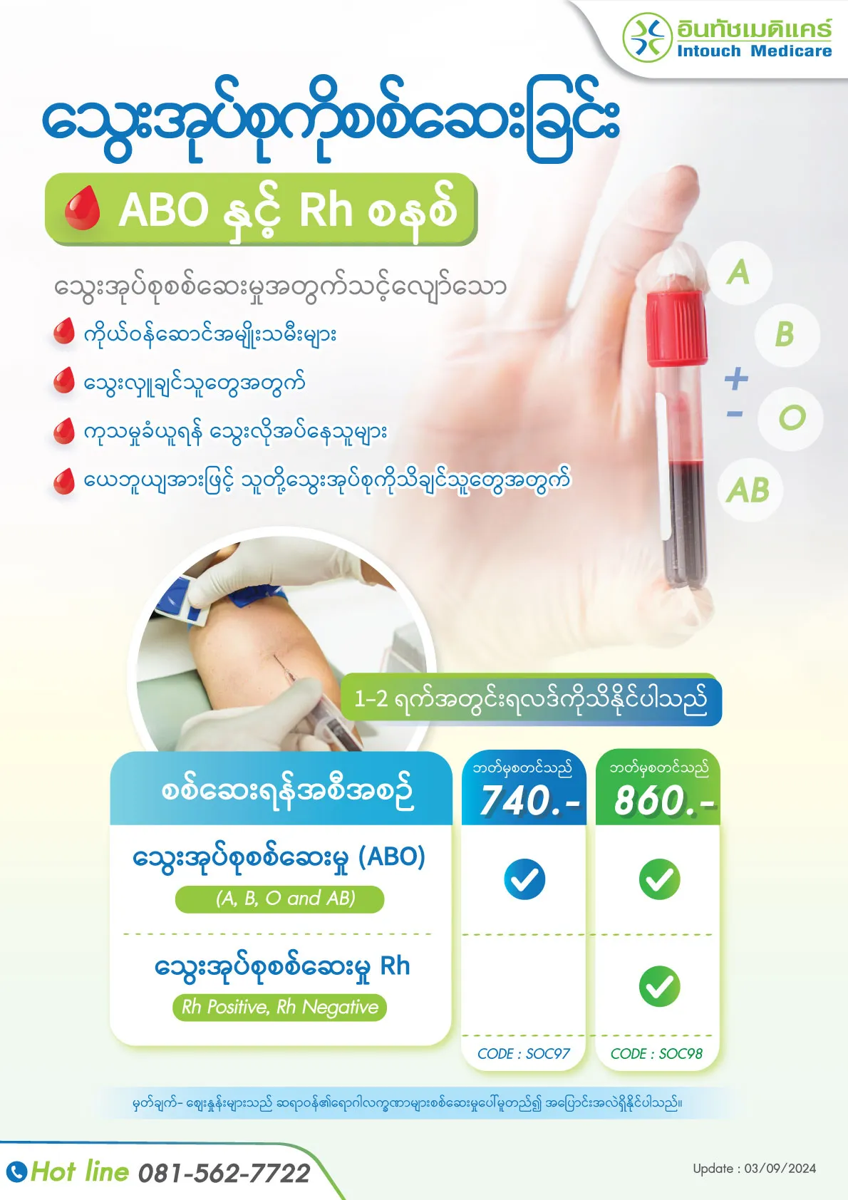 Intouchmedicare တွင် သွေးအုပ်စုစစ်ဆေးမှုစျေးနှုန်း