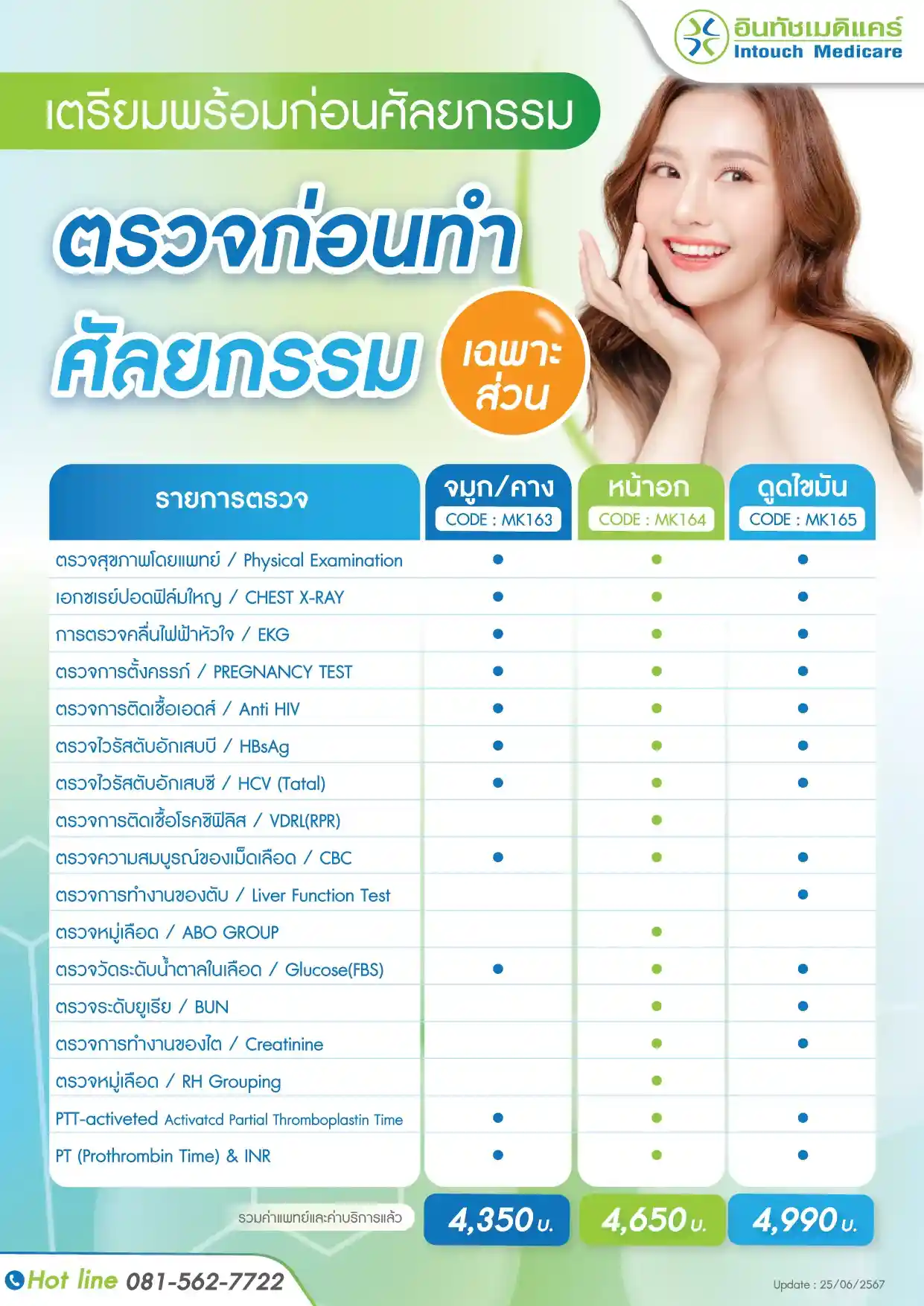 ราคาแพ็กเกจตรวจสุขภาพก่อนทำศัลยกรรม เฉพาะส่วน