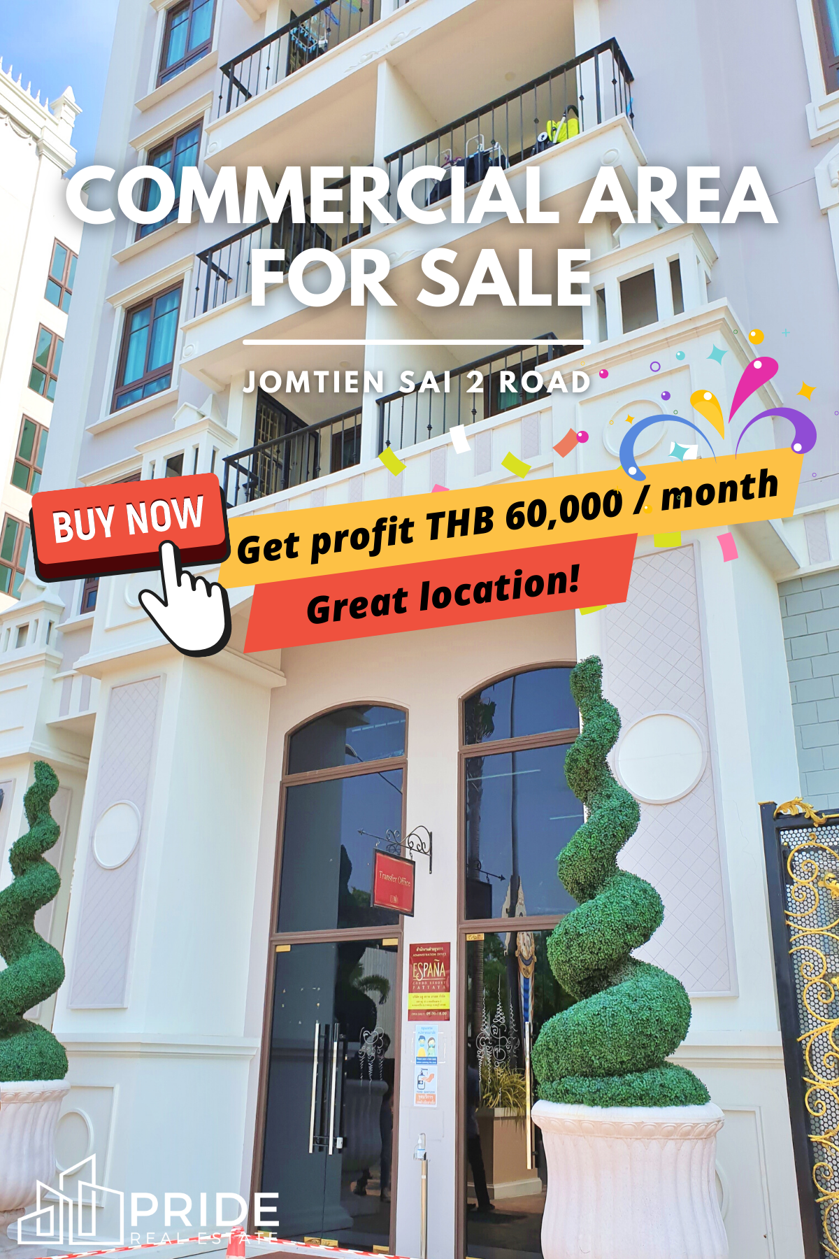 ฟรีทุกค่าใช้จ่ายวันโอน!! ขายพื้นที่เพื่อการพาณิชย์ ขายช็อปเพื่อการพาณิชย์ ติดถนนใหญ่จอมเทียนสาย 2 - Commercial Area For Sale on Jomtien Sai 2 Road