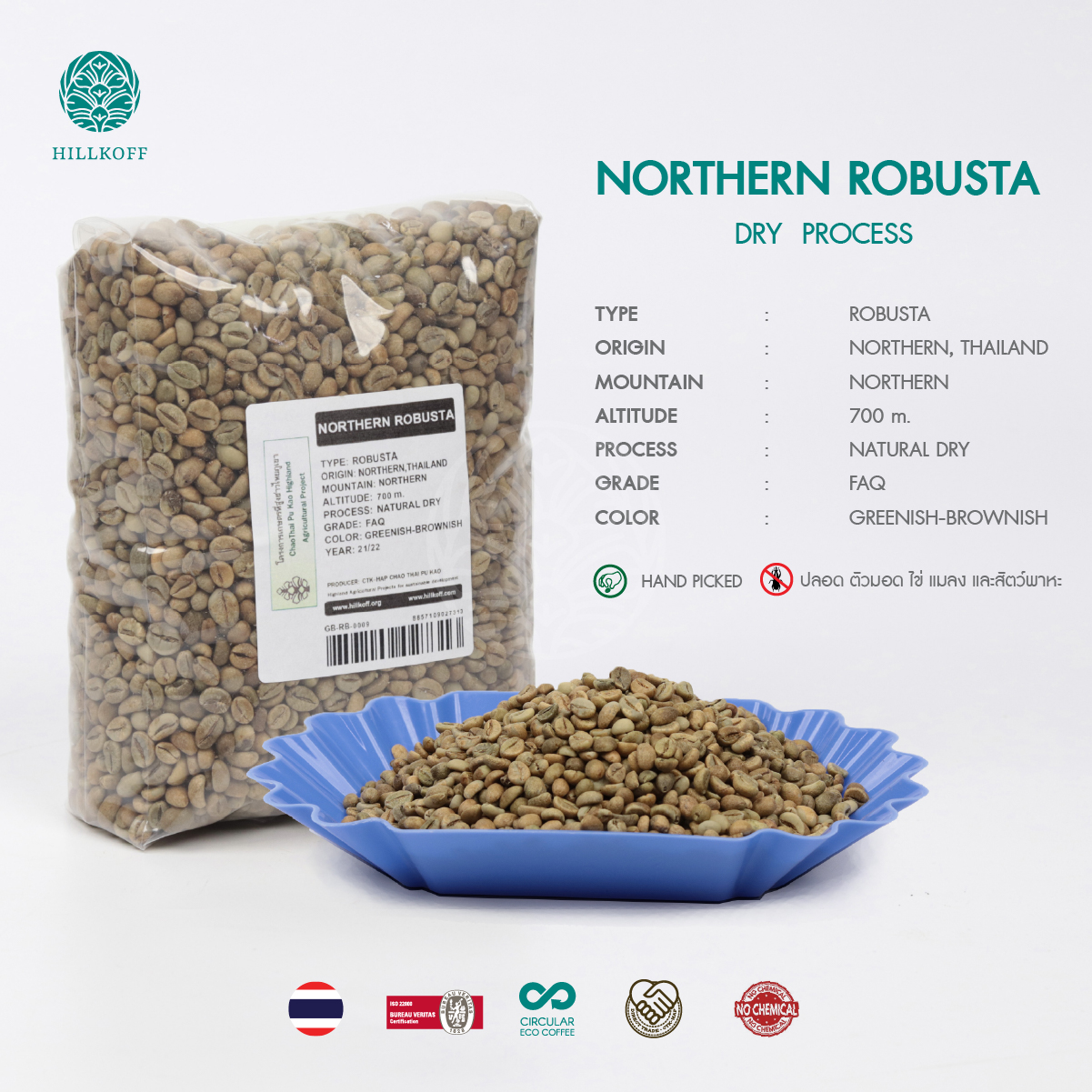 เมล็ดกาแฟสารโรบัสต้า NORTHERN ROBUSTA พร้อมคั่วทันที, Dry Process คัดมือพิเศษ : 1 Kg.