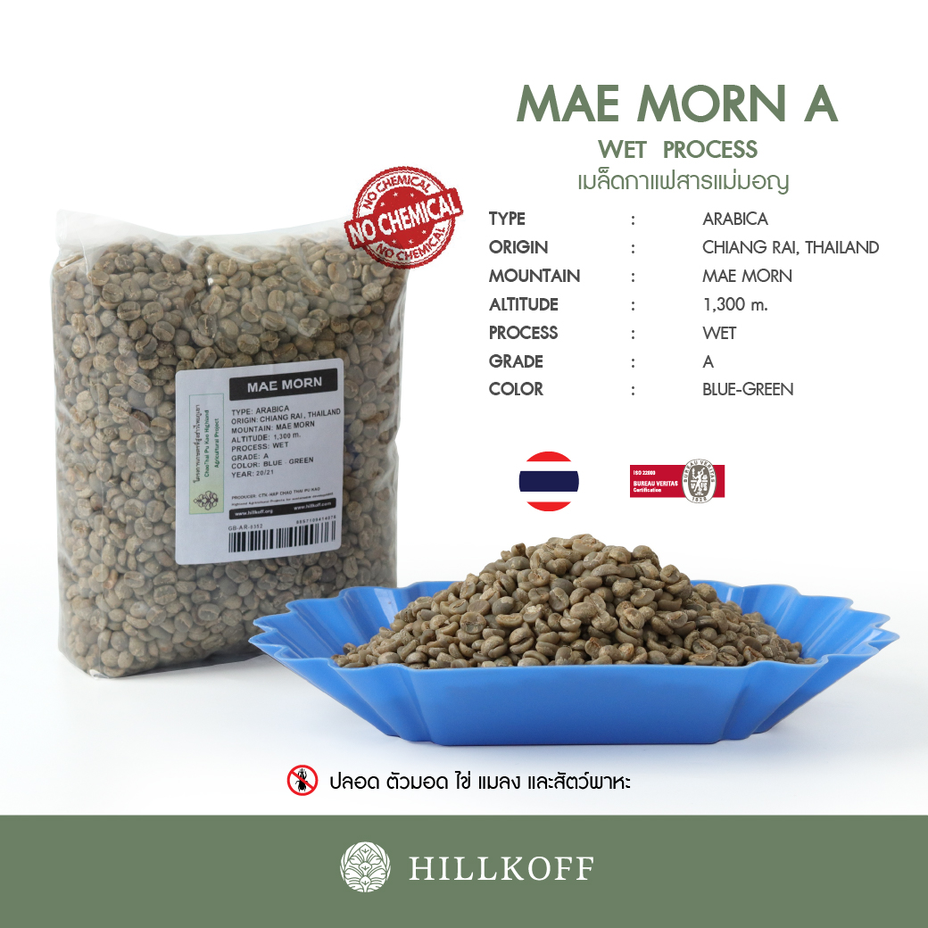 เมล็ดกาแฟสาร Green Beans Arabica Mae Morn (แม่มอญ) Grade A,Wet Process (20/21) : 1 Kg.
