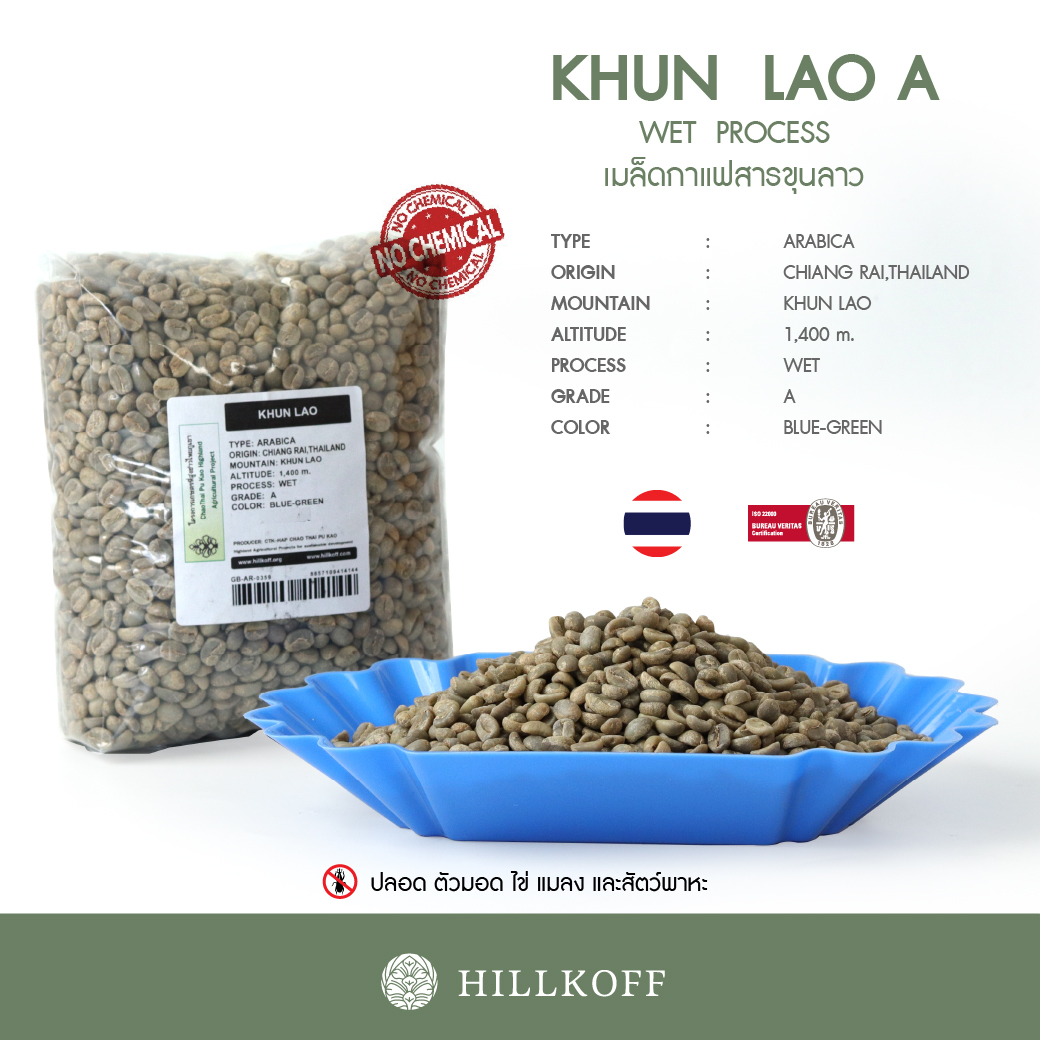 เมล็ดกาแฟสาร Green Beans Arabica Khun Lao (ขุนลาว) Grade A,Wet Process (20/21): 1 Kg.