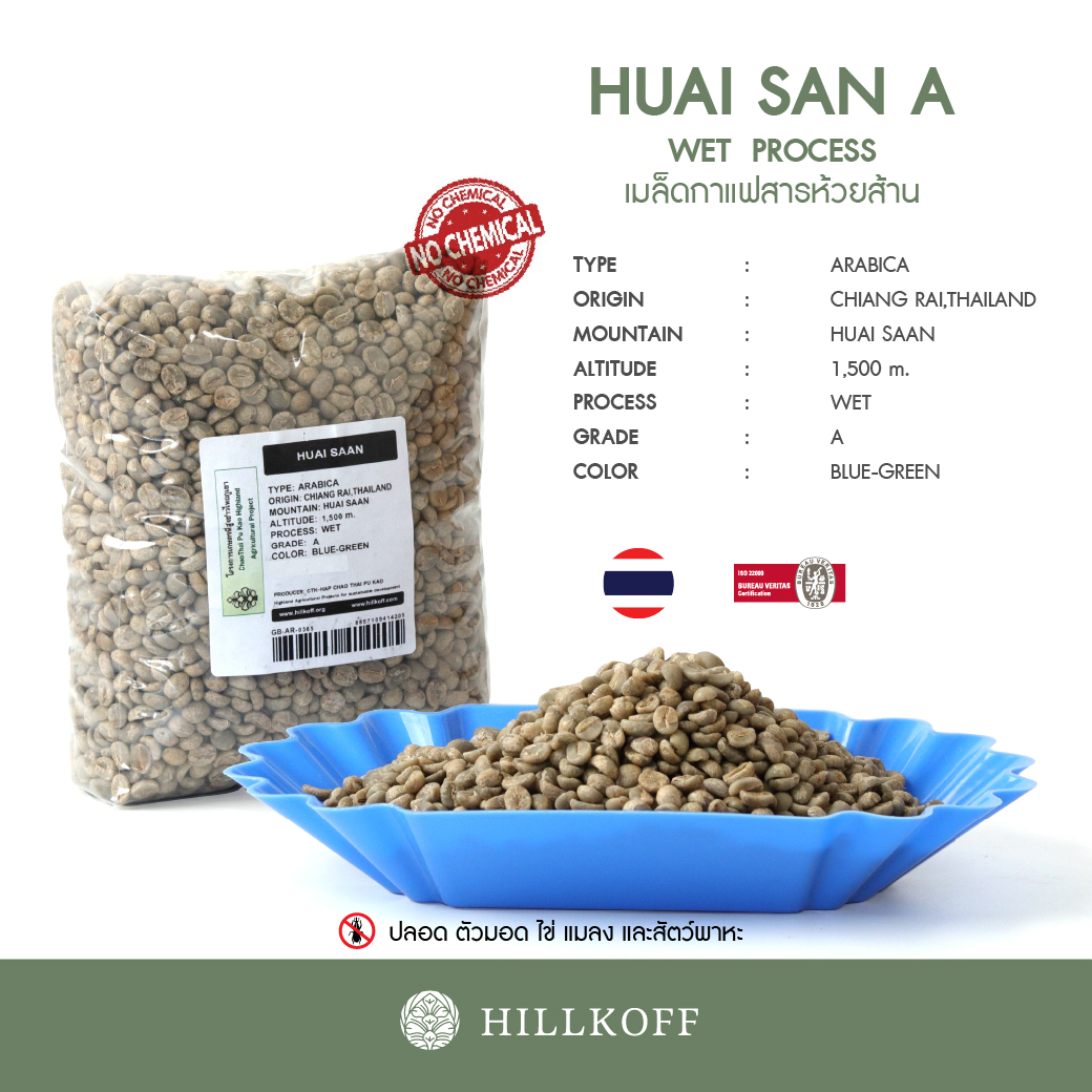 เมล็ดกาแฟสาร Green Beans Arabica Huai San (ห้วยส้าน) Grade A,Wet Process (20/21): 1 Kg.